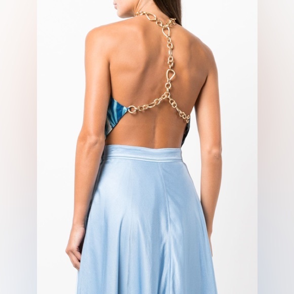 NWT Cult Gaia Olivine Backless Gold Chain Detail Halter Crop Top Paisley Blue S - Picture 4 of 10